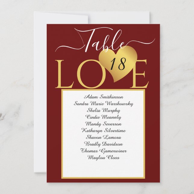 Seating Charts für HochzeitGold Heart Tischnummer (Rückseite)