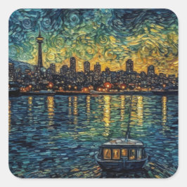 Seatle Space Needle im van-Gogh-Stil Quadratischer Aufkleber