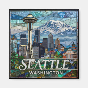 Seattle-Buntglas-Skyline und Berge 🌲 Magnet