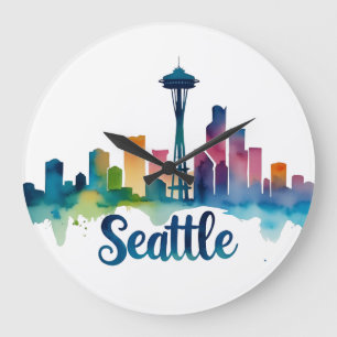 Seattle City Aquarell-Skyline Große Wanduhr