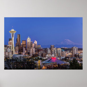 Seattle, Downtown und Mt. Rainier in der Dämmerung Poster