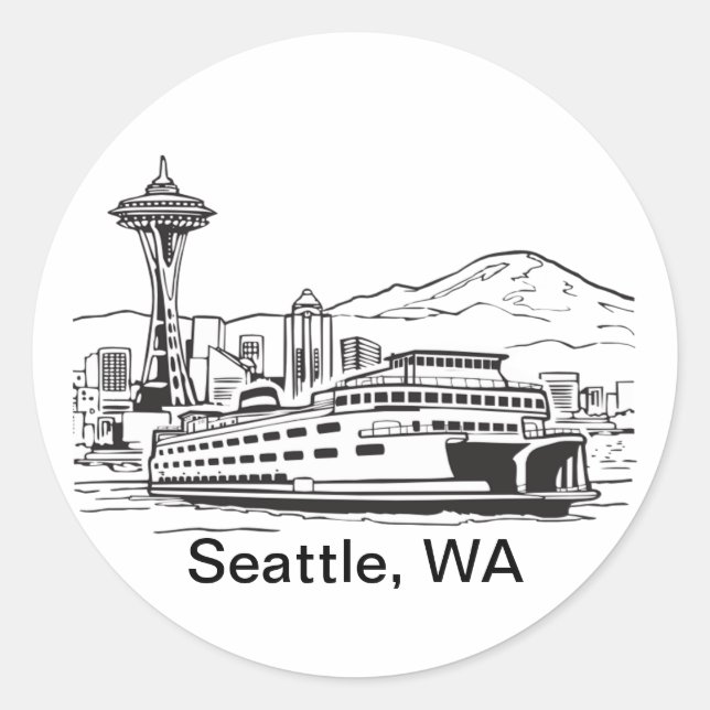 Seattle Ferry & Skyline Line Art Washington Staat Runder Aufkleber (Vorderseite)