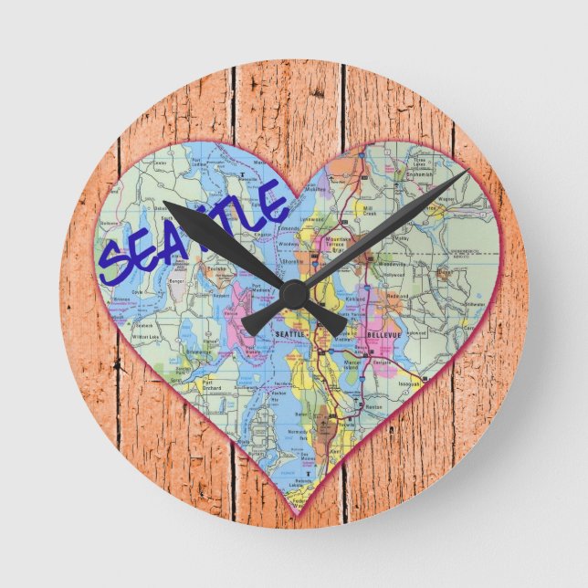 Seattle Map Heart Runde Wanduhr (Vorderseite)