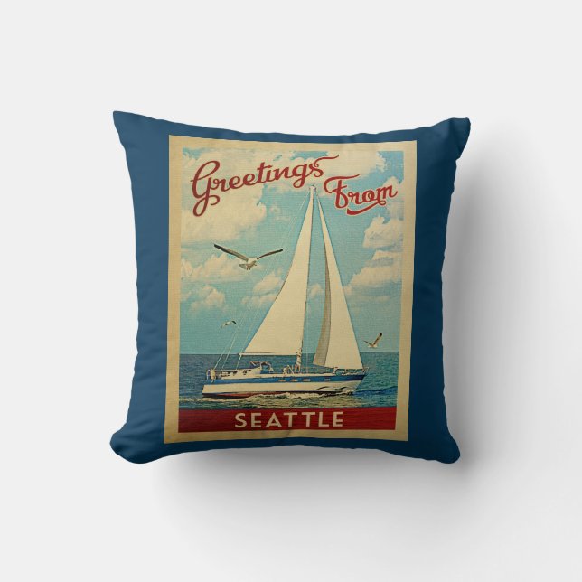 Seattle Sailboat Vintage Travel Washington Kissen (Vorderseite)