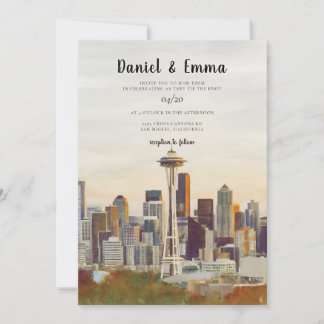 Seattle-Skyline-Aquarell-Zielhochzeit Einladung