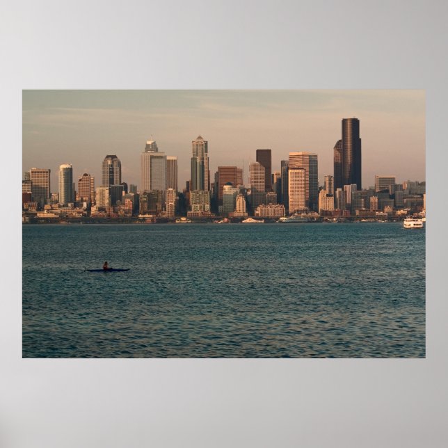 Seattle Skyline at Sunset with Kayaker Print Poster (Vorne)