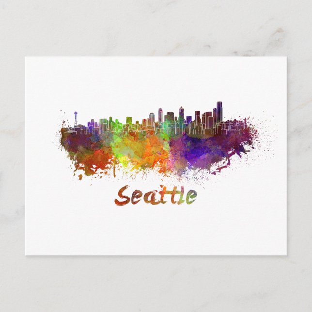 Seattle Skyline in Aquarell Postkarte (Vorderseite)