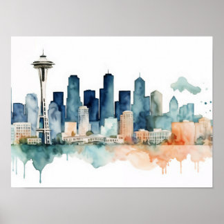 Seattle-Skyline in Wasserfarben Poster