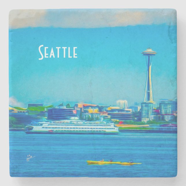 Seattle-Skyline-moderne Aquarell-Fotografie Steinuntersetzer (Vorderseite)