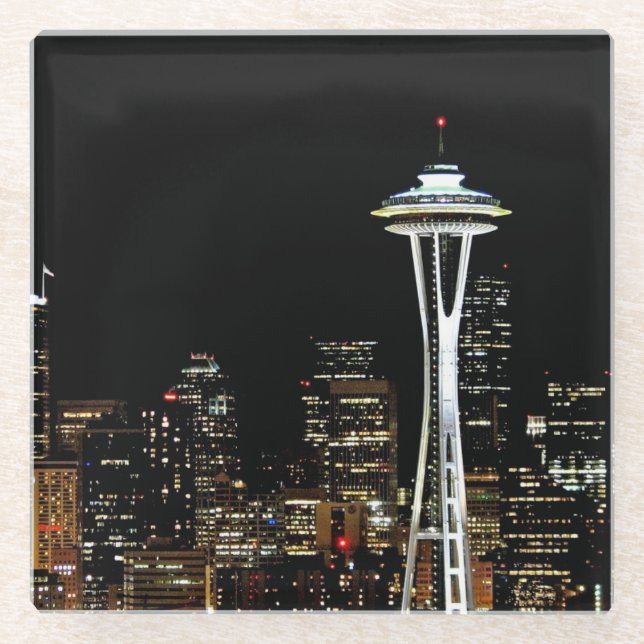 Seattle-Skyline nachts, mit Raum-Nadel Glasuntersetzer (Vorderseite)