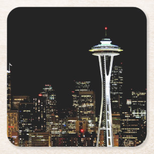 Seattle-Skyline nachts, mit Raum-Nadel Rechteckiger Pappuntersetzer