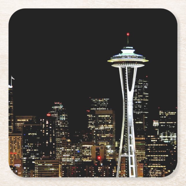 Seattle-Skyline nachts, mit Raum-Nadel Rechteckiger Pappuntersetzer (Vorderseite)