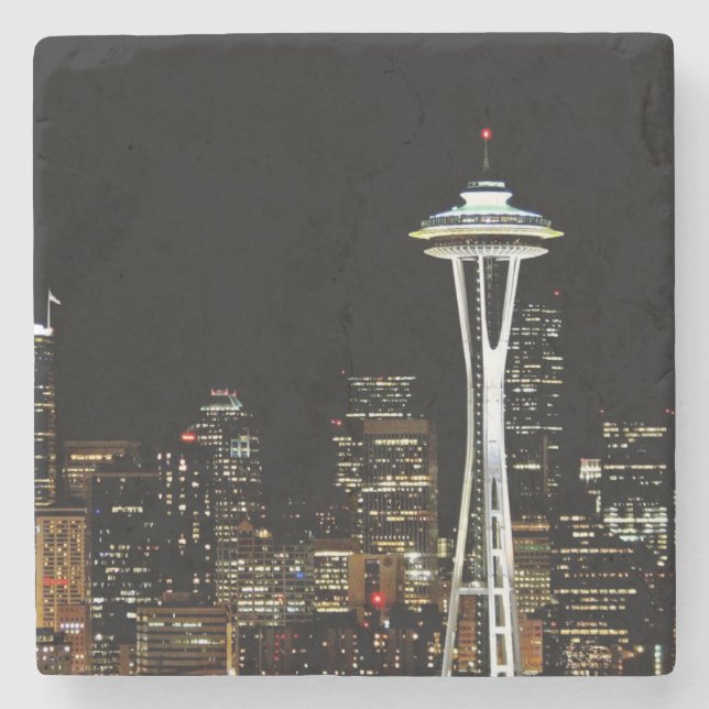 Seattle-Skyline nachts, mit Raum-Nadel Steinuntersetzer (Vorderseite)