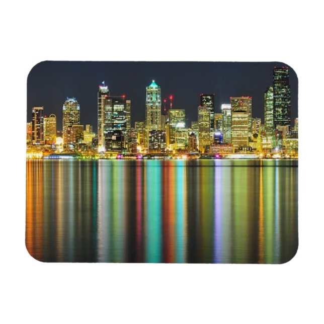 Seattle Skyline nachts mit Reflexion Magnet (Horizontal)