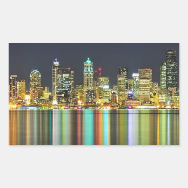 Seattle Skyline nachts mit Reflexion Rechteckiger Aufkleber (Vorderseite)