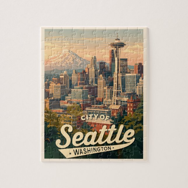 Seattle Skyline – Space Needle & Mount Rainier (Vertikal)