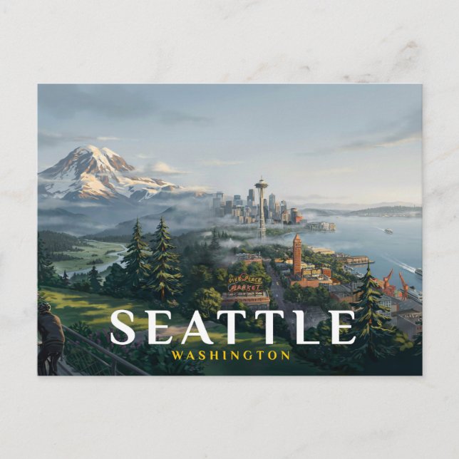 Seattle Skyline Space Needle Mount Rainier Reise Postkarte (Vorderseite)