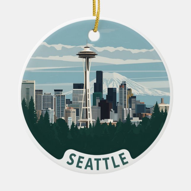 Seattle Skyline und Mount Rainier Keramik Ornament (Vorne)