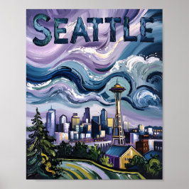 Seattle Skyline Van Gogh Style Vintage Reisen Art Poster