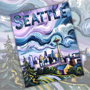 Seattle Skyline Van Gogh Style Vintage Reisen Art Postkarte