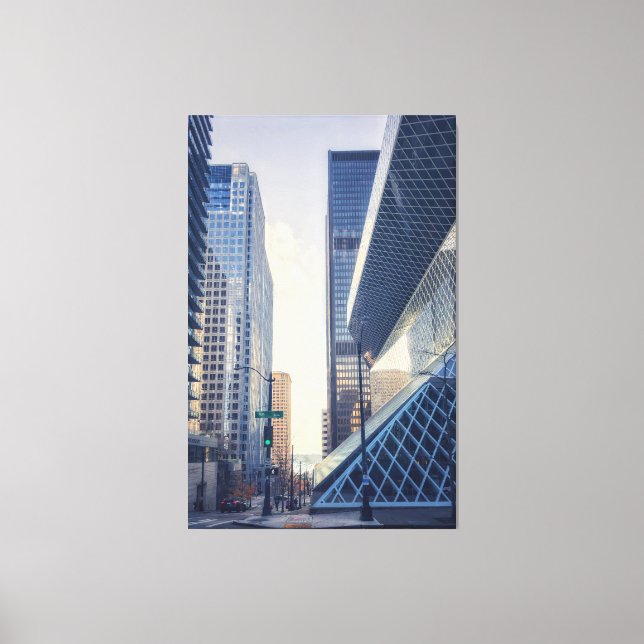 Seattle Street View mit moderner Architektur Leinwanddruck (Vorderseite)