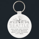 Seattle Stylized Skyline | Benutzerdefinierter Slo Schlüsselanhänger<br><div class="desc">Eine einzigartige Schlüsselkette,  die die schöne Stadt Seattle repräsentiert. Dieser Schlüsselanhänger zeigt die einzigartige Skyline der Stadt mit ihrem Namen darunter. Unter dem Namen der Stadt finden Sie einen Platz für Ihren einzigartigen Slogan oder Ihre Aussage über Ihre Lieblingsstadt.</div>