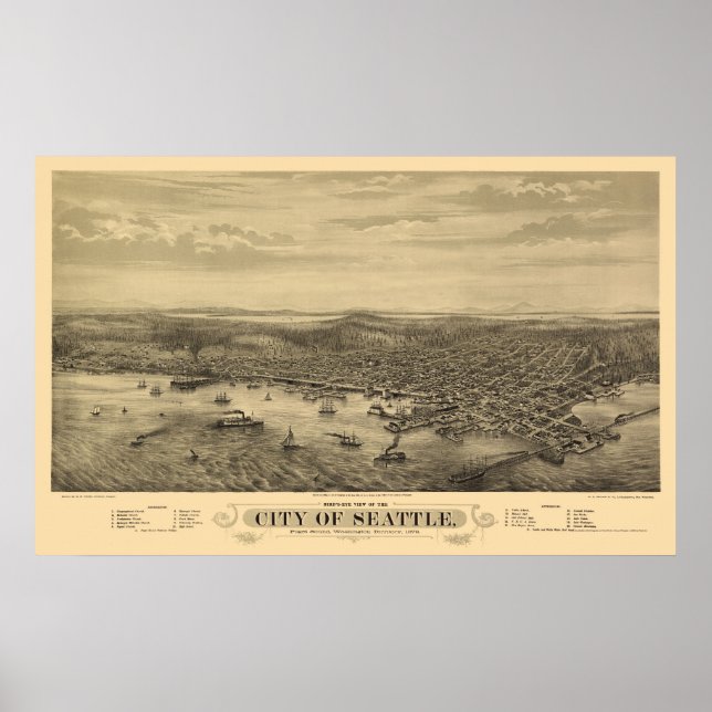 Seattle, WA Panoramic Map - 1878 Poster (Vorne)