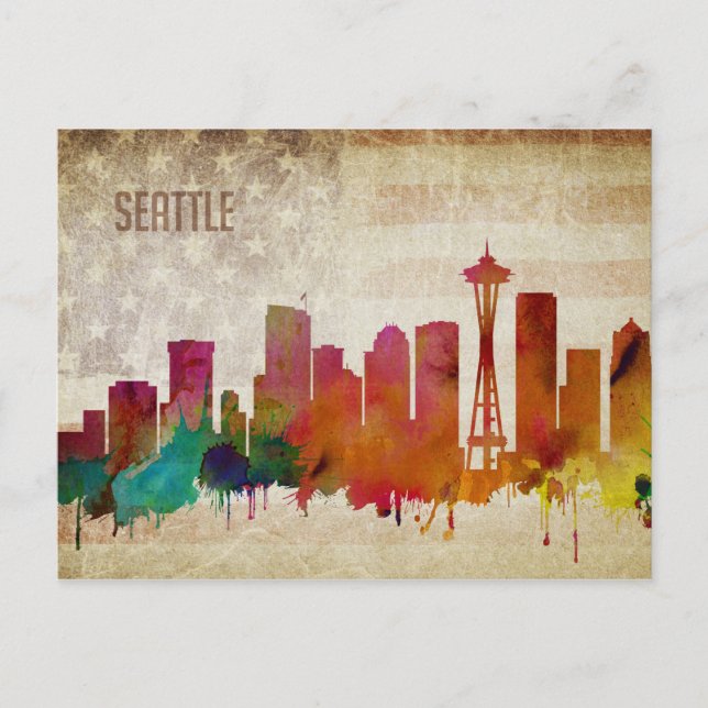 Seattle, WA | Wasserfarbe Stadt Skyline Postkarte (Vorderseite)