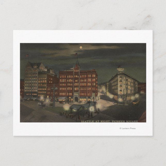 Seattle, WAPioneer Square bei Nacht Postkarte (Vorderseite)