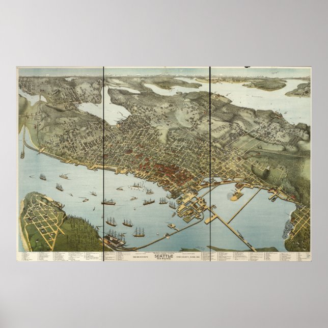 Seattle Washington 1891 Antike Panoramakarte Poster (Vorne)