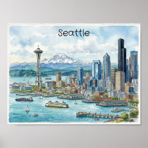 Seattle Washington Aquarell Kunst Reise Skyline Poster
