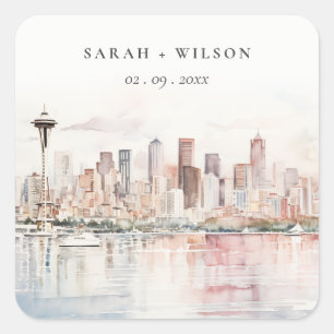 Seattle, Washington Aquarell-Landschaft-Hochzeit Quadratischer Aufkleber