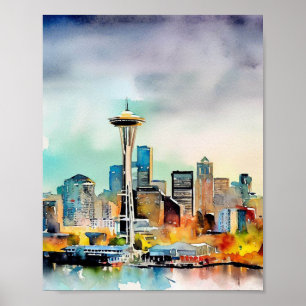 Seattle Washington City Skyline Wasserfarbe Poster
