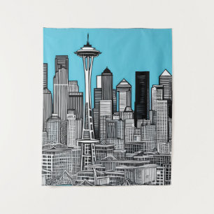 Seattle Washington Citycape in Schwarz und Weiß Wandteppich