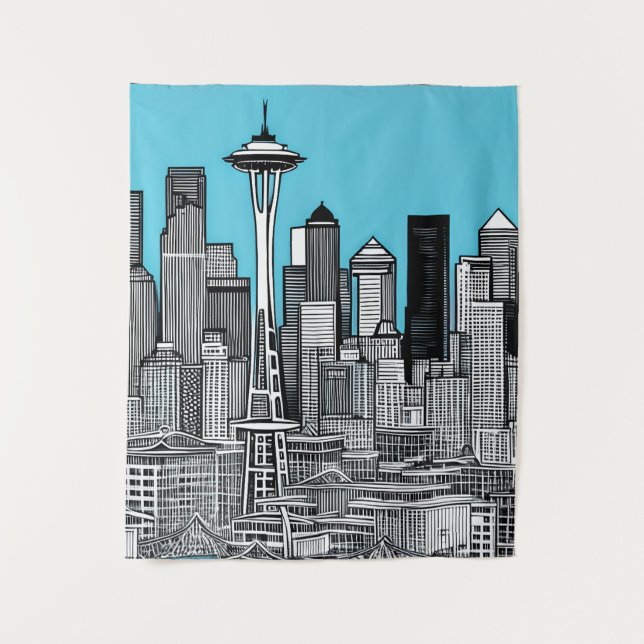 Seattle Washington Citycape in Schwarz und Weiß Wandteppich (Vorderseite)