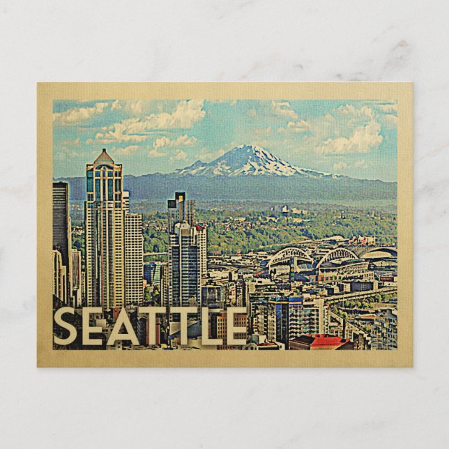 Seattle Washington Rainier Skyline Vintage Travel Postkarte (Vorderseite)