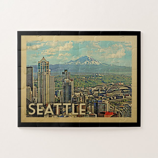 Seattle Washington regnerischerer Skyline-Vintage (Horizontal)