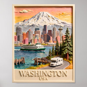 Seattle Washington Roadtrip Texturierte Stadtsilho Poster