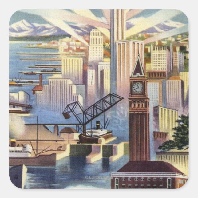Seattle, Washington - Sicht auf die Innenstadt Quadratischer Aufkleber (Vorderseite)
