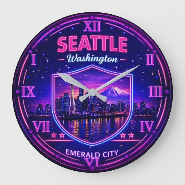 Seattle Washington Skyline Große Wanduhr (Vorderseite)