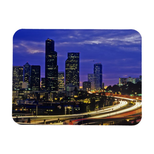 Seattle, Washington Skyline in der Nacht Magnet (Horizontal)