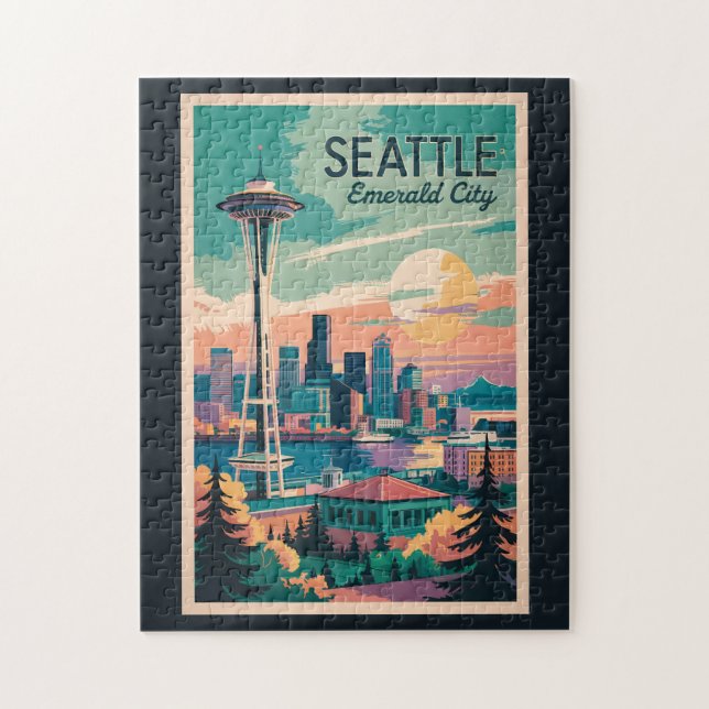 Seattle Washington Skyline Reisen Art Vintag (Vertikal)
