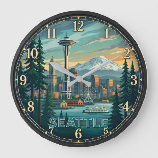 Seattle Washington Space Needle and Mount Rainier Große Wanduhr