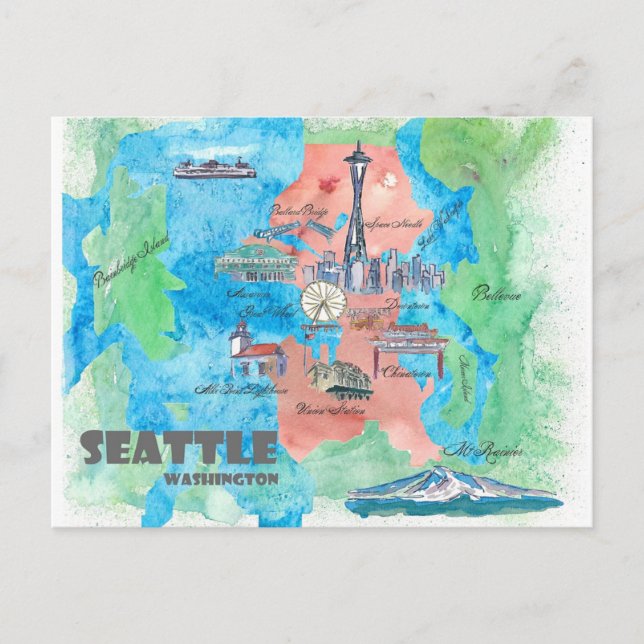 Seattle Washington Travel Map Postkarte (Vorderseite)
