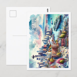 Seattle Washington USA Berühmter Ort Aquarell Postkarte