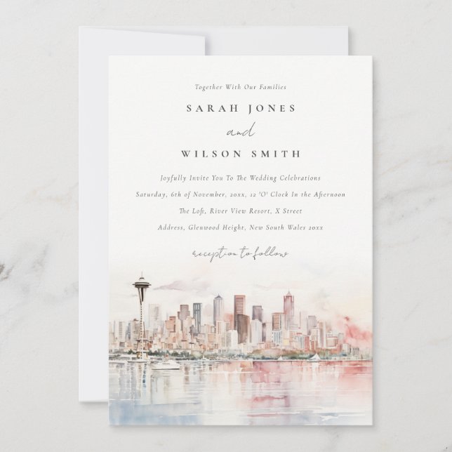 Seattle, Washington Watercolor Landscape Wedding Einladung (Vorderseite)