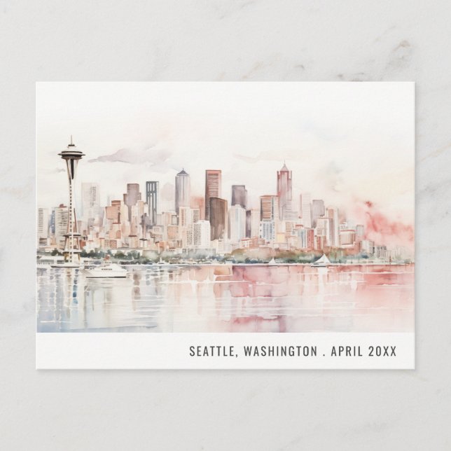 Seattle, Washington Watercolor Landscape Wedding Postkarte (Vorderseite)