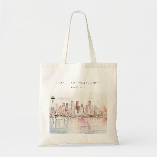 Seattle, Washington Watercolor Landscape Wedding Tragetasche (Vorne)