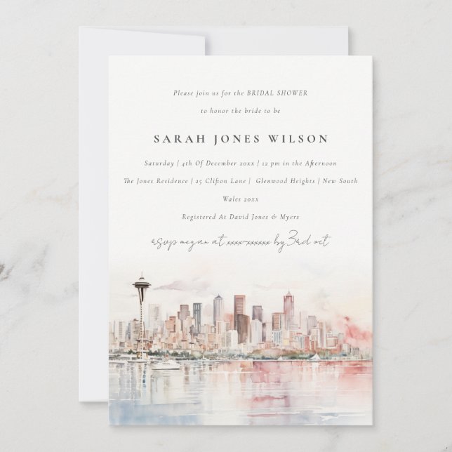 Seattle Washington Watercolor Scape Bridal Shower Einladung (Vorderseite)
