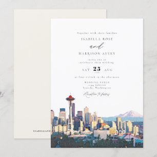 SEATTLE Wasserfarbe Skyline-Hochzeit in Urlaubsort Einladung
